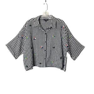 Topshop Black/White Gingham Embroidered Shirt Cotton Relaxed Fit Short Sleeve 12